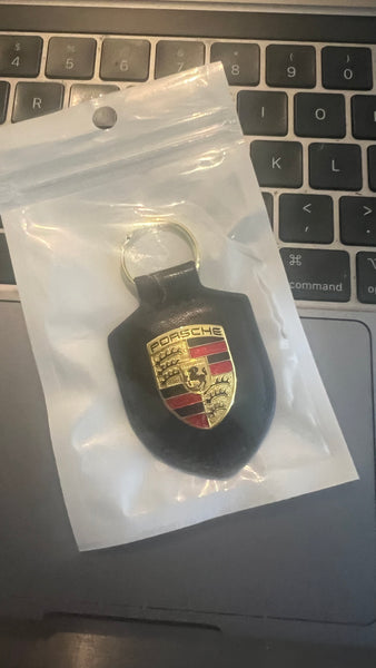Porsche Black Leather Crest Keychain