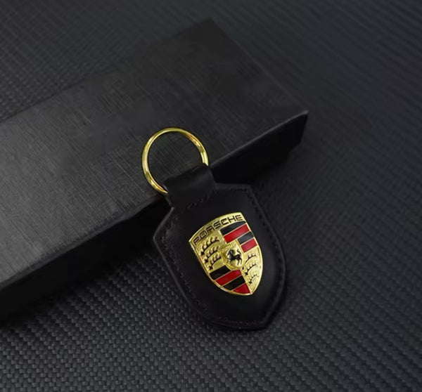 Porsche Black Leather Crest Keychain